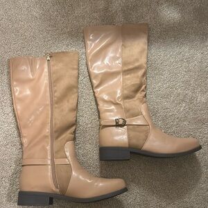 Coutgo Tan Suede and Leather Low Heel Knee High Boots Flat Chunky Heel